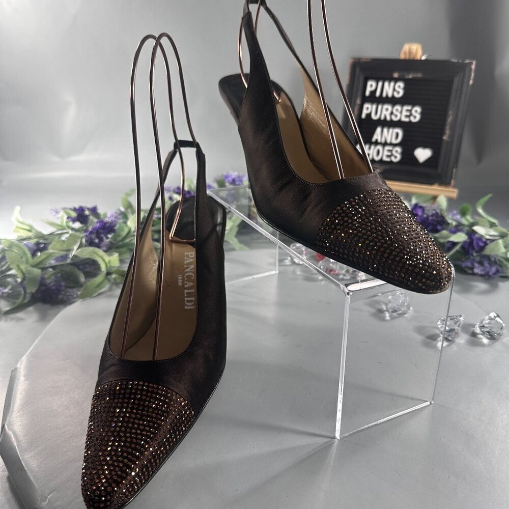 Pancaldi Sling Back Heels Womens Satin Pointed Toe Rhinestones Pumps Shoes - Picture 2 of 16